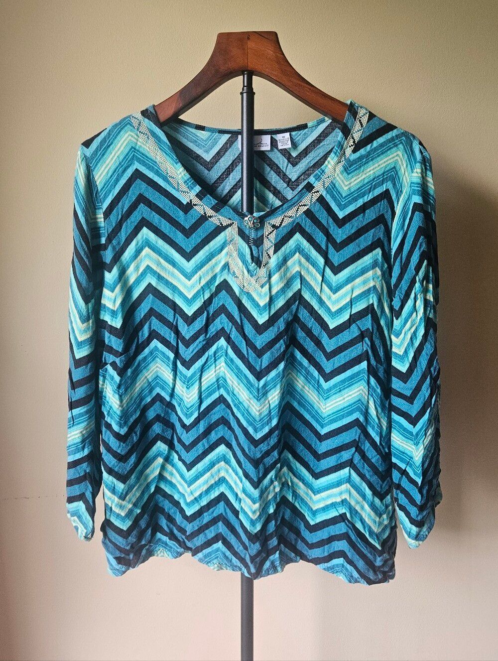 Kim Rogers Chevron-Print Blouse Top in Teal Blue Size 1X